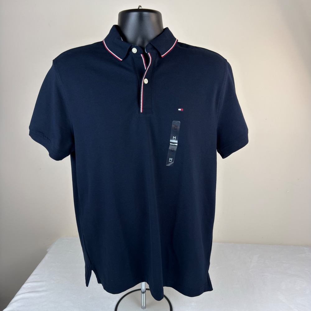 Tommy Hilfiger Mens Polo Shirt Navy Blue Tipped Collar XM05871 400 Medium NWT - Picture 2 of 10